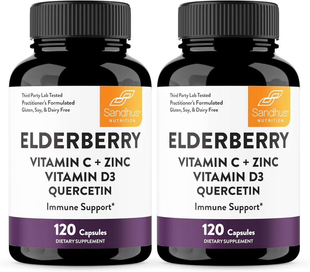 Sandhu's Elderberry Vitamin C and Zinc with Vitamin D3 & Quercetin | Supplement Capsules for Men & Women | Supports Immune Health | 120 Count (Pack of 2)