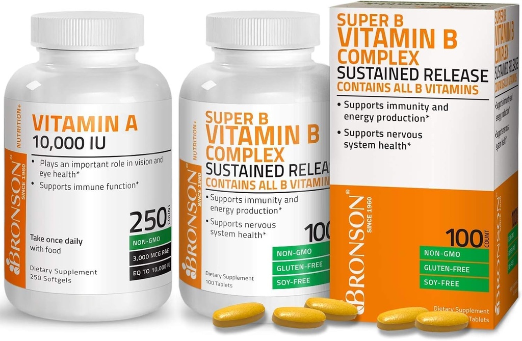 Bronson Super B Vitamin B Complex Sustained Slow Release + Vitamin A 10,000 IU Premium Non-GMO Formula