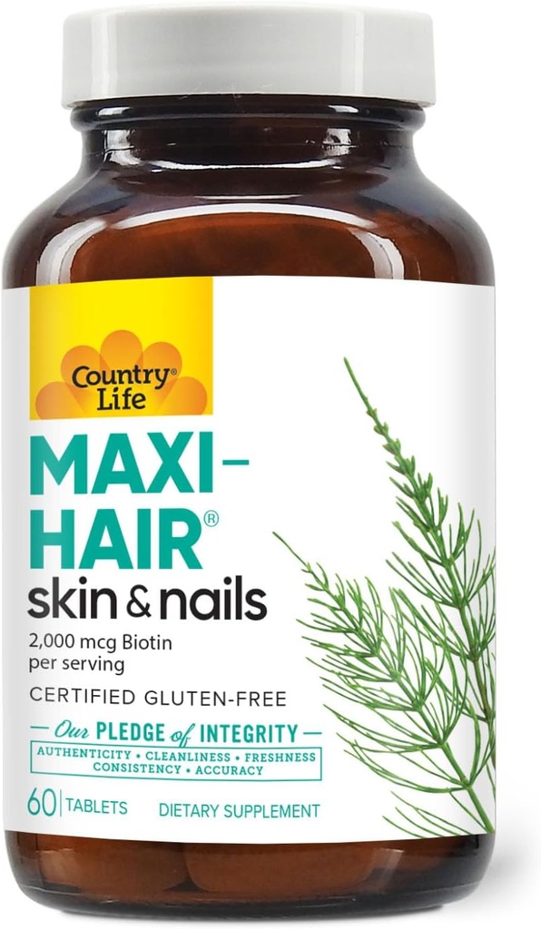 Country Life Maxi-Hair Supplement - 2000mcg Biotin & Vitamins for Hair, Skin & Nails - Certified Gluten-Free & Vegetarian - Supports Hair Growth, 60 Tablets