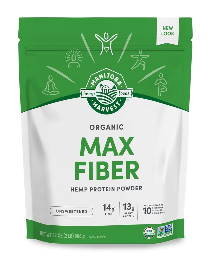 Manitoba Harvest Hemp Yeah Organic Max Fiber Protein Powder, Unsweetened, 32oz, with 13g of Fiber, 13g Protein and 2.5g Omegas 3&6 per Serving, Keto-Friendly, Preservative Free, Packaging May Vary
