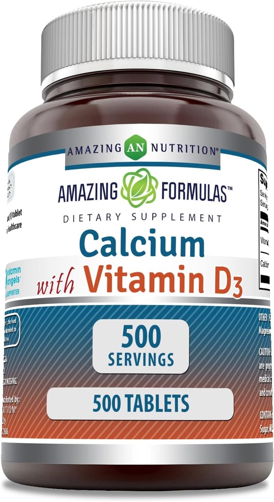 Amazing Formulas Calcium with Vitamin D3 Supplement | Tablets | Non-GMO | Gluten-Free | Made in USA (500 Count, 1 Pack)