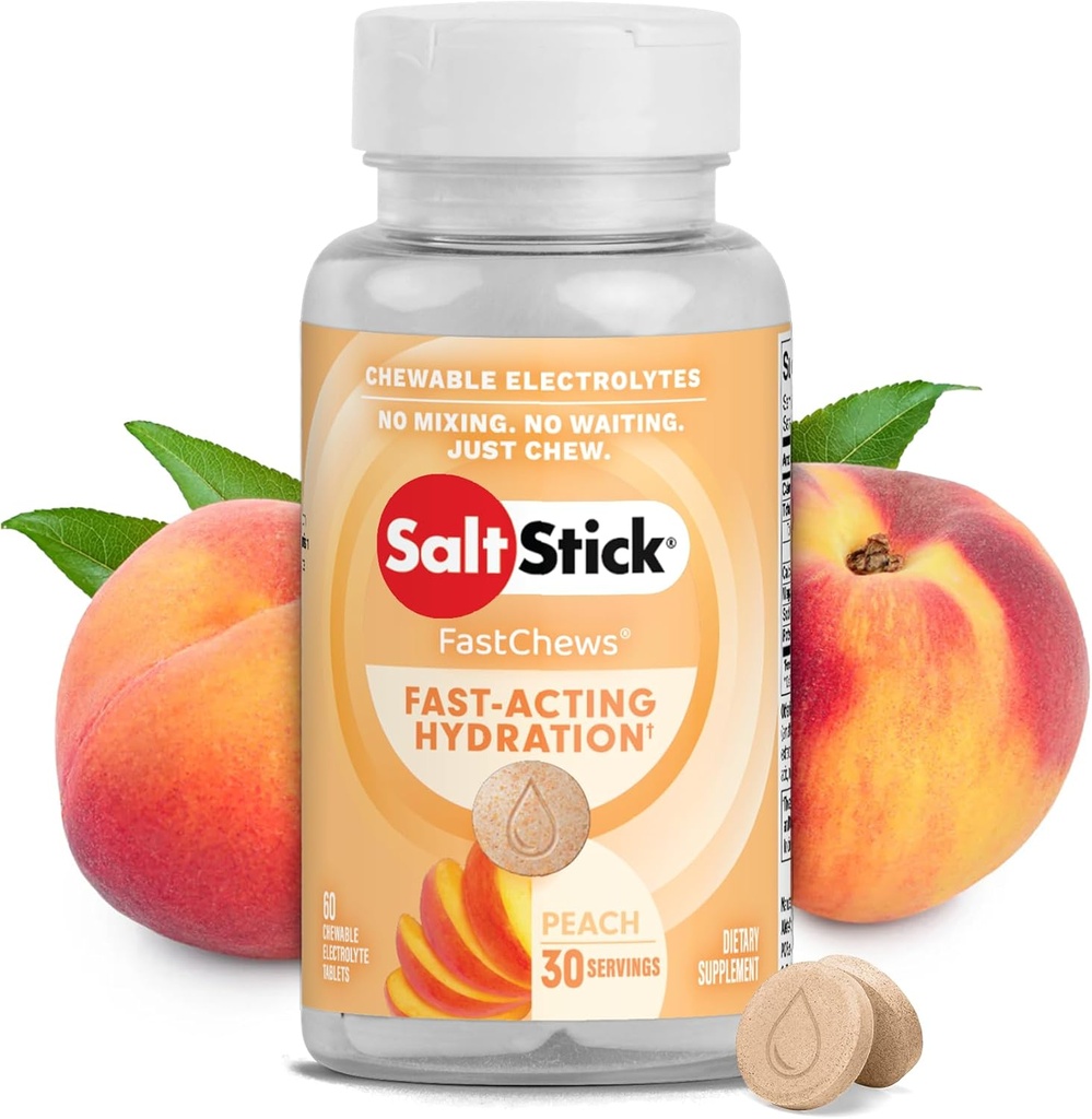 SaltStick Electrolyte FastChews - 60 Peach Chewable Electrolyte Tablets - Salt Tablets for Runners, Sports Nutrition, Electrolyte Chews for Hydration