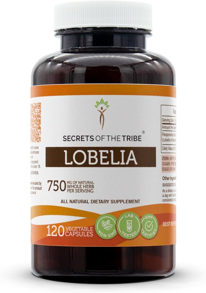 Secrets of the Tribe Lobelia 120 Capsules, 750 mg, Responsibly farmed Lobelia (Lobelia Inflata) Dried Herb (120 Capsules)