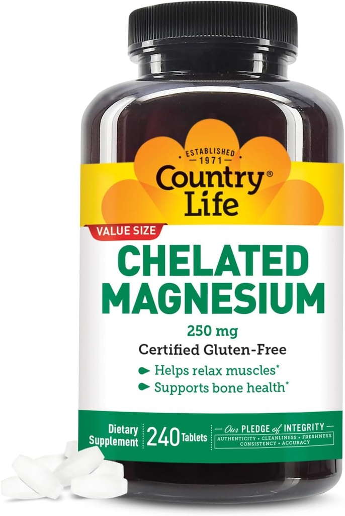 Country Life, Chelated Magnesium 250mg, Supports Bone and Immune Health, Daily Supplement, 240 ct
