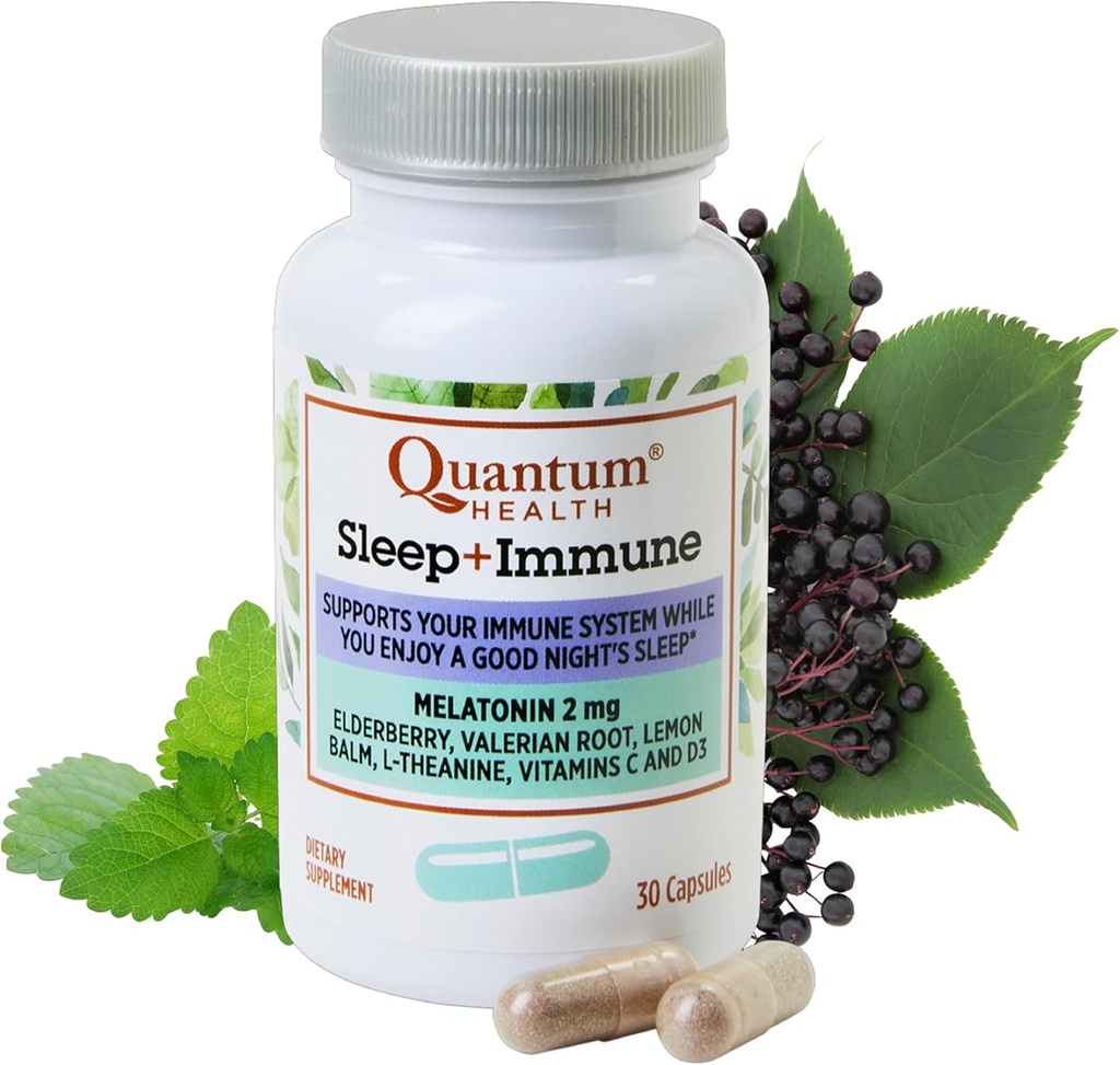 Quantum Health Sleep Immune Support Supplement Melatonin 2mg L Theanine & Valerian Root Plus Elderberry Vitamin C & D Immunity Boost - 30 Capsules