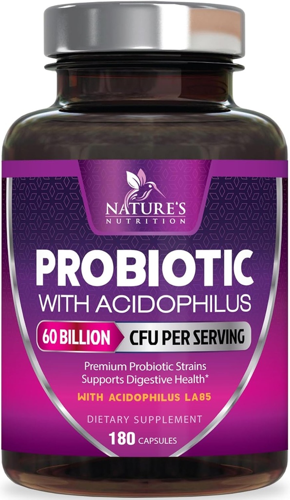 Probiotics 60 Billion CFU per Serving - 10 Strains + Prebiotics - Digestive Health, Gut & Immune Support - Supports Occasional Constipation, Gas & Bloating for Women & Men Shelf Stable - 180 Capsules
