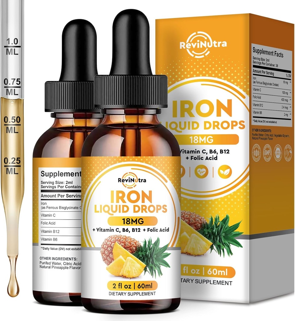 2 Pack Liquid Iron Supplement for Women, Men & Kids, Liquid Iron Drops with Folate, Vitamin C, B6, B12 for Anemia, Red Blood Cell, Energy Support, Pineapple Flavor