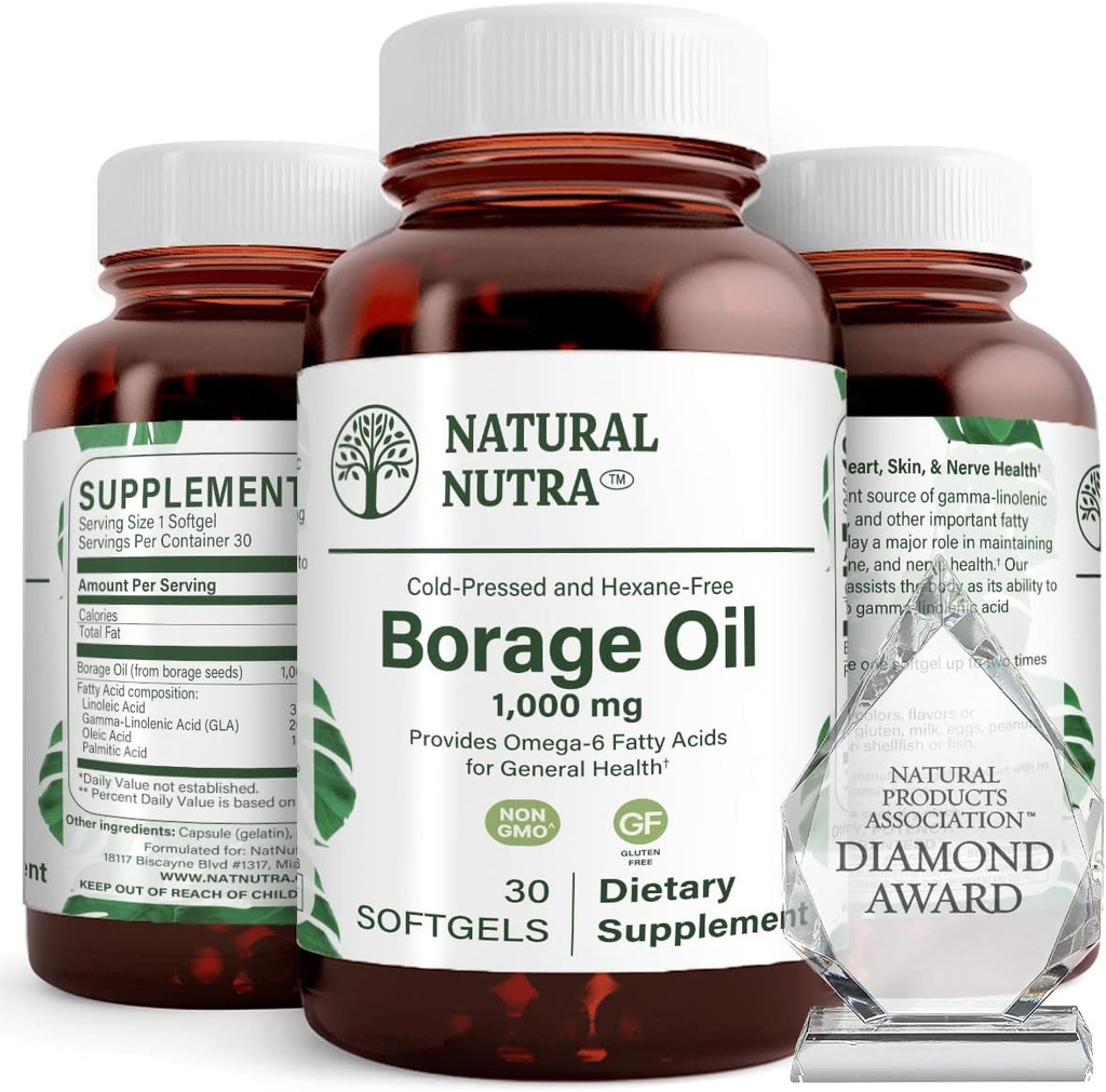 Natural Borage Oil Supplement – Rich in Gamma-linolenic Acid (GLA), A Potent Omega-6 Essential Fatty Acid Known for Supporting Skin, Nerve, and Joint Health 30 Soft gels.
