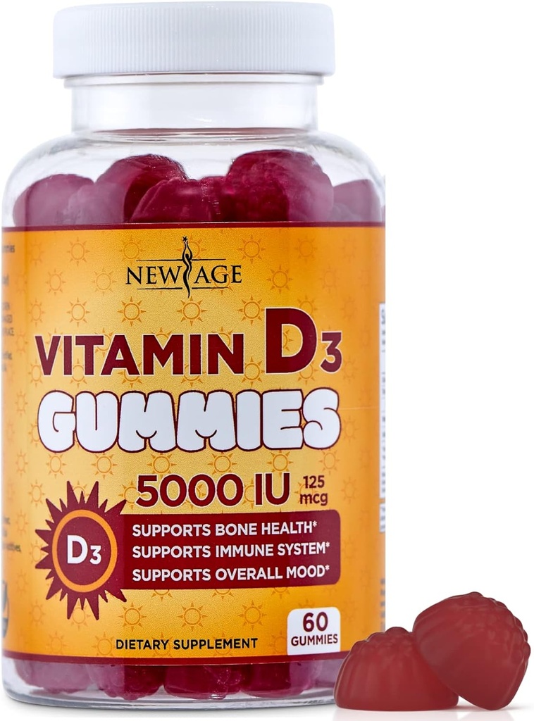 NEW AGE Vitamin D3 5000 IU 125mcg Gummies - Support Immune Support, Strong Bone Health - Non-GMO, Gluten-Free, Dairy-Free, No Gelatin (60 Gummies (Pack of 1))