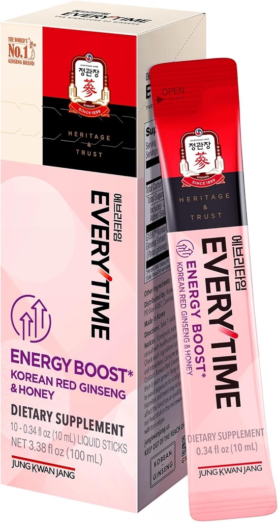 JUNG KWAN JANG Everytime Energy Boost Korean Red Ginseng Extract 1,000mg & Honey - Vegan Ginseng Energy Drink Liquid Stick Supplements - Builds Stamina & Immunity No Caffeine (10 Sticks, 0.34 fl oz)