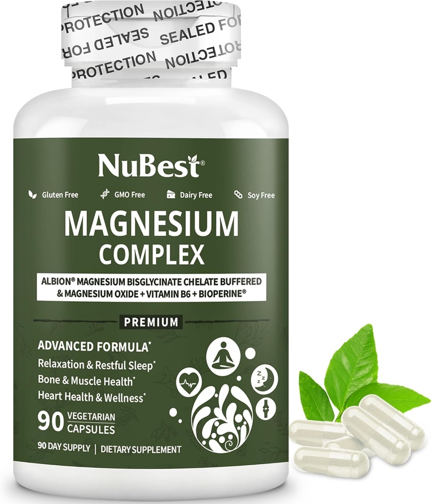 Magnesium Glycinate Chelate Complex with Albion Magnesium Bisglycinate Chelate, Vitamin B6 & BioPerine for Bone, Muscle, Natural Sleep, Nerve Function, Brain Booster | 1 Month Supply