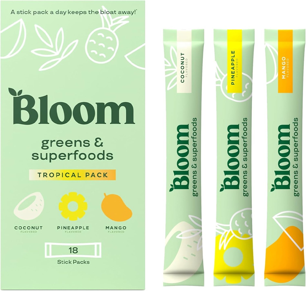 Bloom Nutrition Superfood Greens Powder Stick Packs, Digestive Enzymes with Probiotics and Prebiotics, Gut Health, Bloating Relief for Women, Chlorella, Green Juice Mix, 18 SVG, Tropical Variety