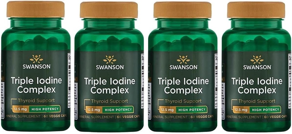 Swanson Triple Iodine Complex-Natural Supplement for Vital Thyroid Support-Promotes Metabolic Function, Increased Red Blood Cell Production, & Heart Health-(60 Veggie Capsules, 12.5mg Each) 4 Pack