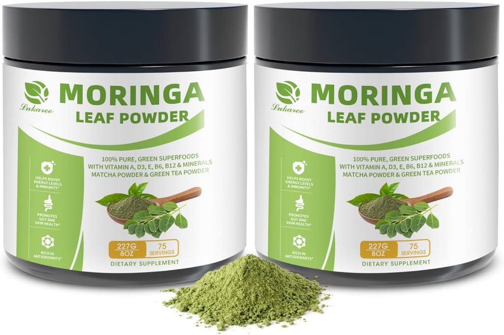 Organic Moringa Powder & Matcha Powder, Multi-Green Superfoods with Green Tea Resveratrol - Energy and Digestive Support, Rich in Antioxidants and Vitamin A D3 E B6 B12 Calcium, Non-GMO, Vegan, 16 oz