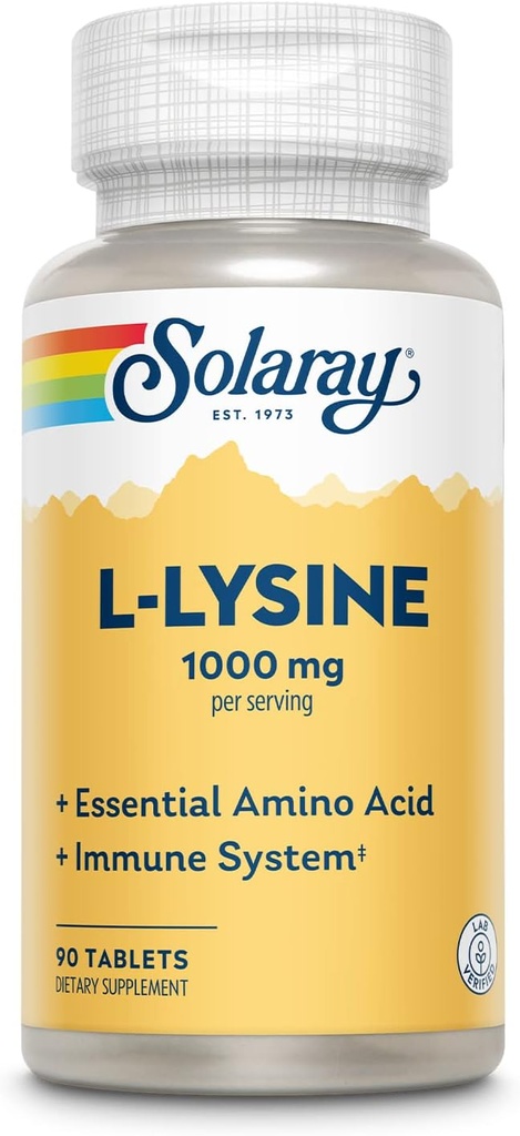 SOLARAY L Lysine - Free-Form Essential Amino Acid - Immune Support Supplement with 1000mg L-Lysine, 1000mg Vitamin C and 25mg Chelated Zinc - Lab Verified, 60-Day Guarantee, 30 Servings, 90 Tablets