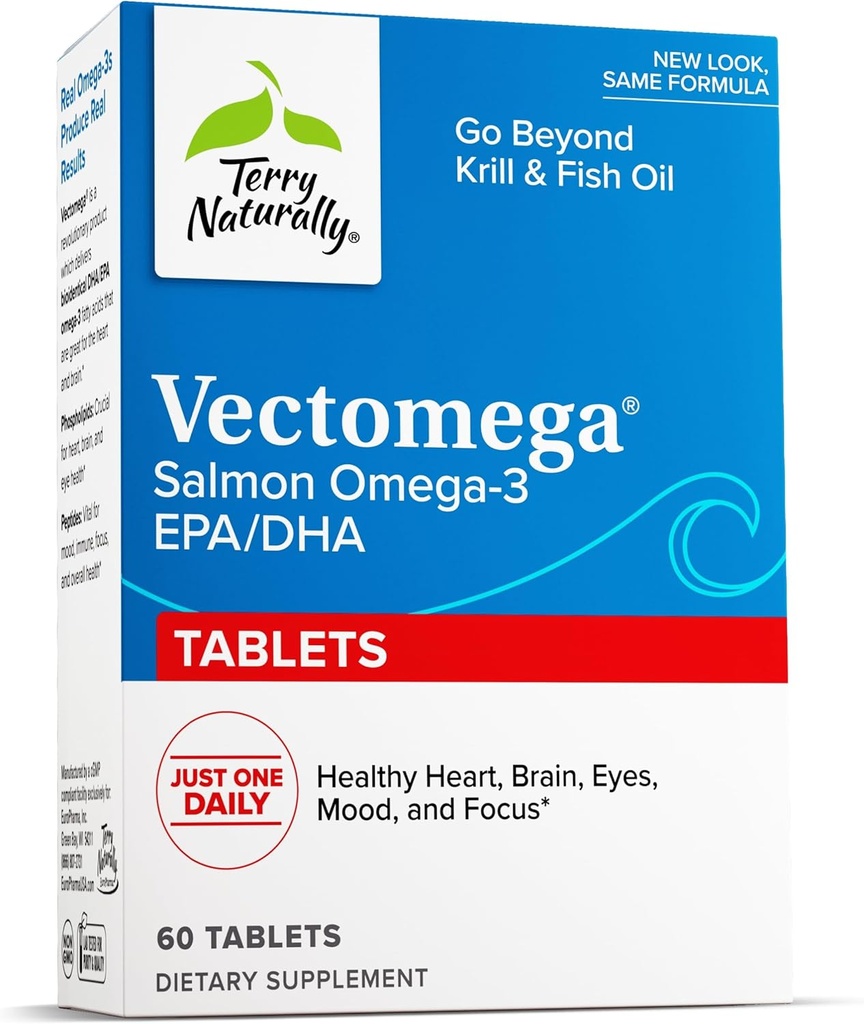 Terry Naturally Vectomega - Supplement with EPA & DHA - Omega-3 Tablets for Brain & Heart Health Support - Nutritional Supplement with Essential Fatty Acids & Peptides - 60 Tablets