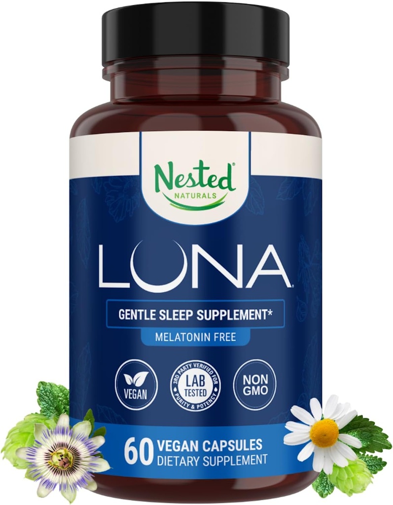 Nested Naturals Luna Sleep Supplement, Melatonin Free, Non-Habit Forming Herbal Sleep Supplement, Adult Bedtime Support, Help Sleeping w/Chamomile, Valerian, L-Theanine, 60 Vegan Capsules