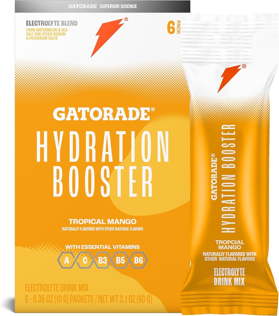 Gatorade Hydration Booster Electrolyte Drink Mix Powder Packets, Tropical Mango, Advanced Electrolyte Blend, No Added Colors, No Artificial Sweeteners, Essential Vitamins A, C, B3, B5, B6, Makes 20 Fl Oz, (6 Pack)