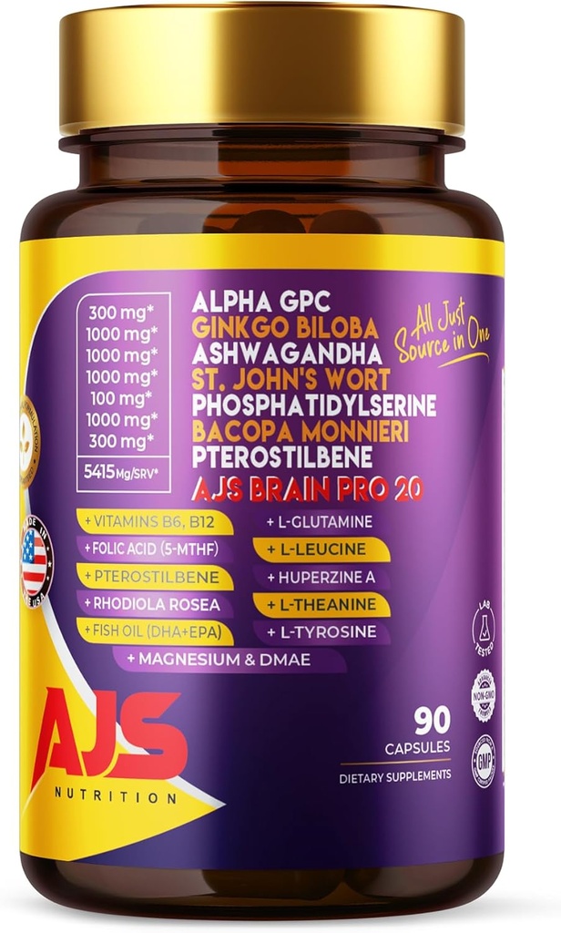 AJS Alpha GPC Nootropic Brain Supplement,Phosphatidylserine,St. John'sWort Ginkgo Biloba,Ashwagandha,Bacopa Monnieri,Pterostilbene,Magnesium Glycinate,Ginkgo Biloba,5-MTHF,Huperzine A 60CT,90 capsules