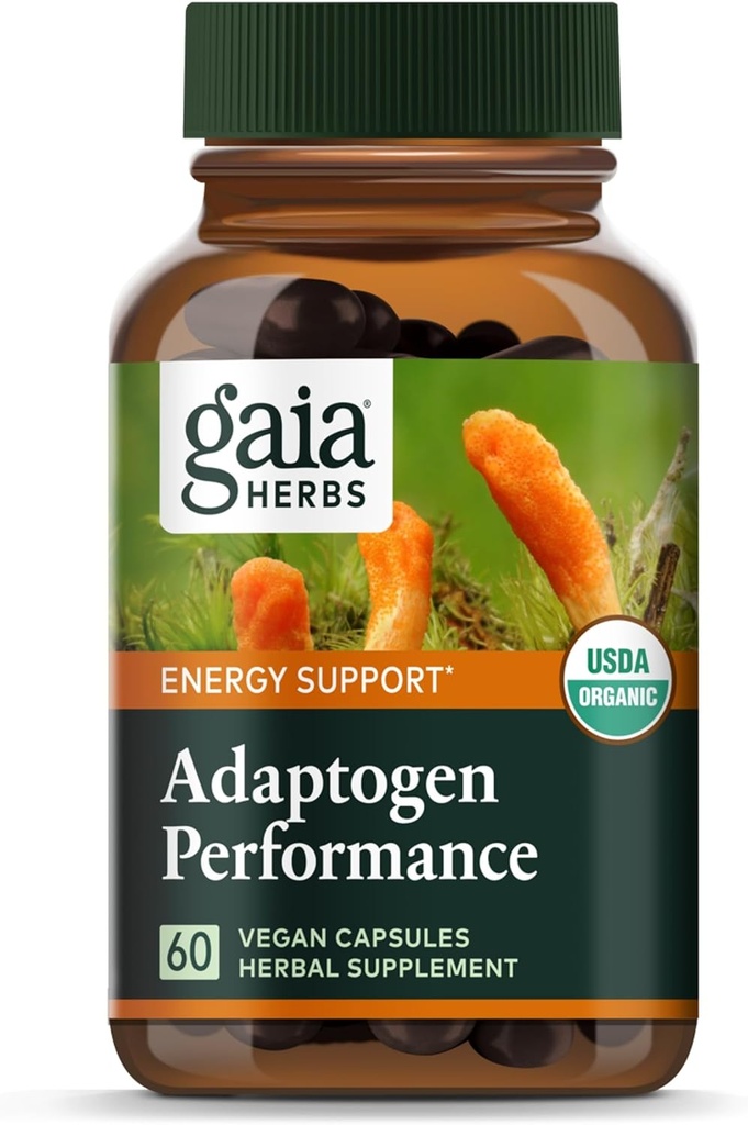 Gaia Herbs Adaptogen Performance Mushrooms & Herbs - Energy Support Supplement to Help Sustain Endurance and Stamina* - Contains Cordyceps and Ashwagandha - 60 Organic Vegan Capsules (30-Day Supply)