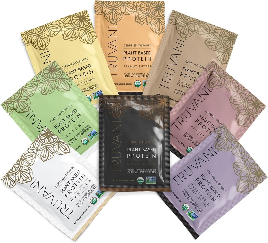 Truvani Vegan Pea Protein Powder | Sample Pack | 20g Organic Plant Based Protein | 8 Single Serving Packets | Keto | Gluten & Dairy Free | Low Carb | No Added Sugar