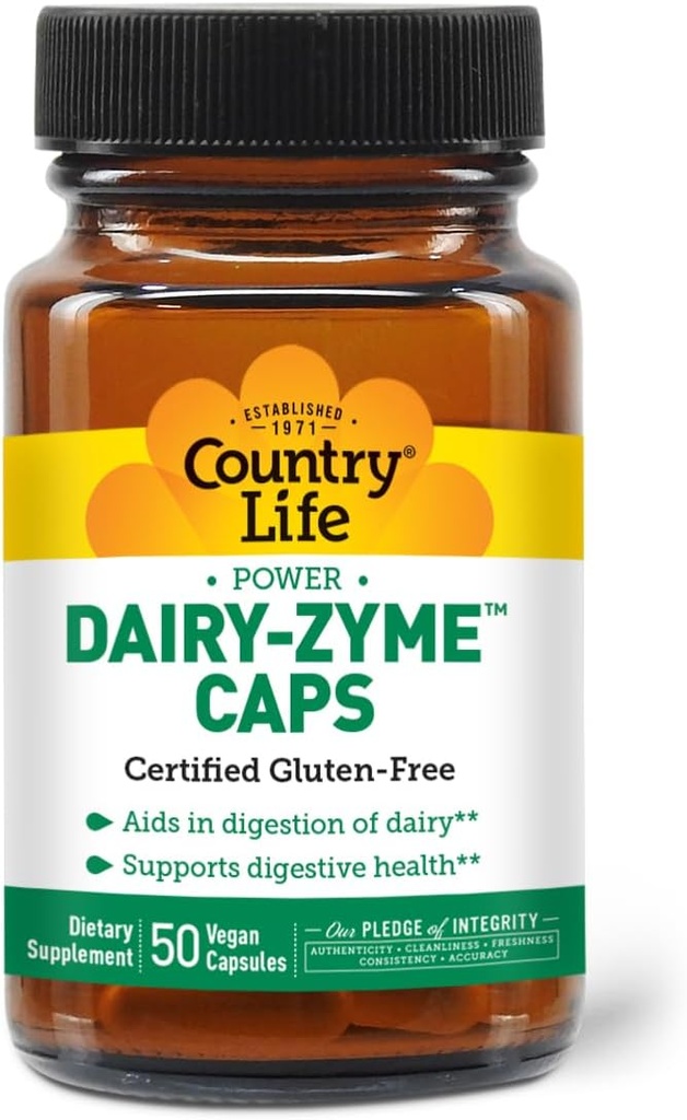Country Life Dairy-Zyme - Digestive Enzymes for Dairy Relief - Lactase Enzyme Supplement for Lactose Intolerance - 6000 Lactase Units - Gluten-Free, Non-GMO - 50 Vegan Capsules