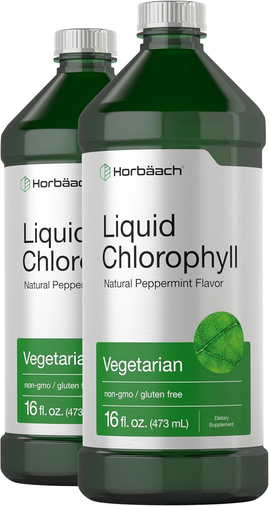 Horbäach Chlorophyll Liquid Drops | 100mg | 32 oz (2 x 16 oz Bottles) | Natural Peppermint Flavor | Vegetarian, Non-GMO, Gluten Free Supplement