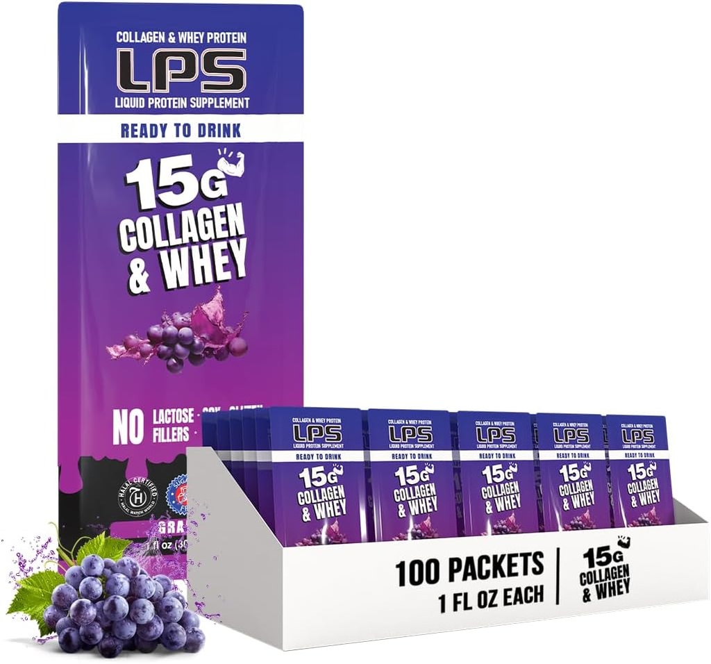 Nutritional Designs LPS Liquid Collagen & Whey Protein Supplement - Non-GMO Drink, Sugar-Free - Promotes Healthy Skin & Hair for Men & Women, Grape, Single Serve (100 Packets)
