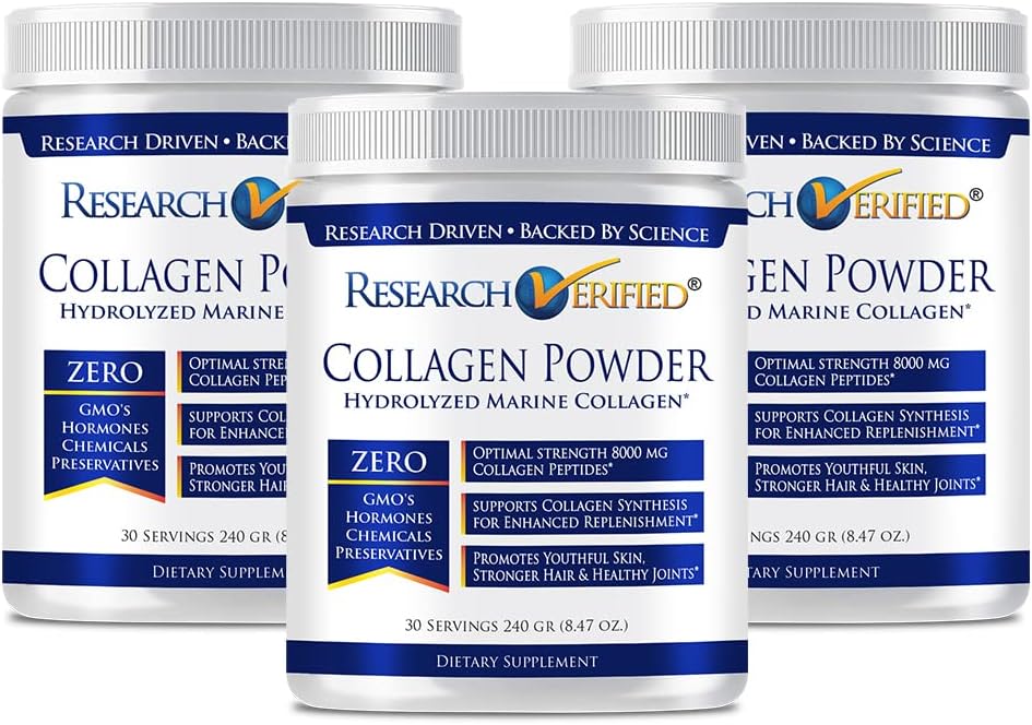 Research Verified® Collagen Powder - Hydrolyzed Marine Collagen - Unflavored - Skin Hydration and Elasticity, Muscle Recovery, Non GMO - 30 Scoops Per Container - 3 Month Supply