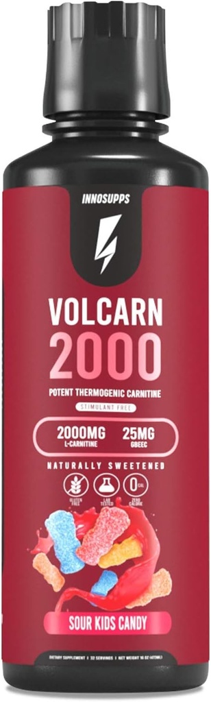 InnoSupps Volcarn 2000 - L-CARNITINE Advanced Energy Liquid | ATP Enhancer with GBEEC | Boosts Energy, Enhances Focus, Caffeine Free, No Artificial Sweeteners | 32 Servings (Sour Kids Candy)