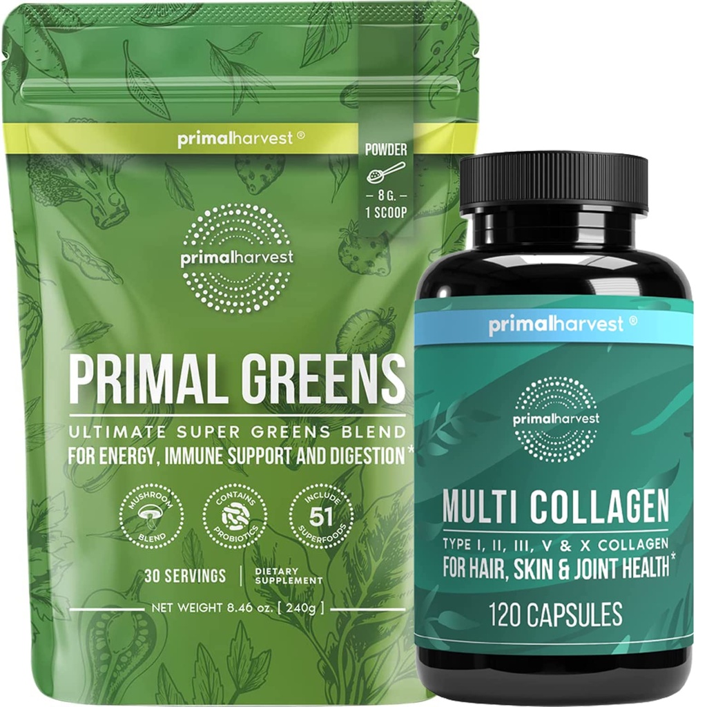 Primal Harvest Super Greens & Multi Collagen Capsules Supplements for Women and Men - Superfood Greens Powder and Multi Collagen Peptides Capsules for Hair, Skin, and Nails Bundle