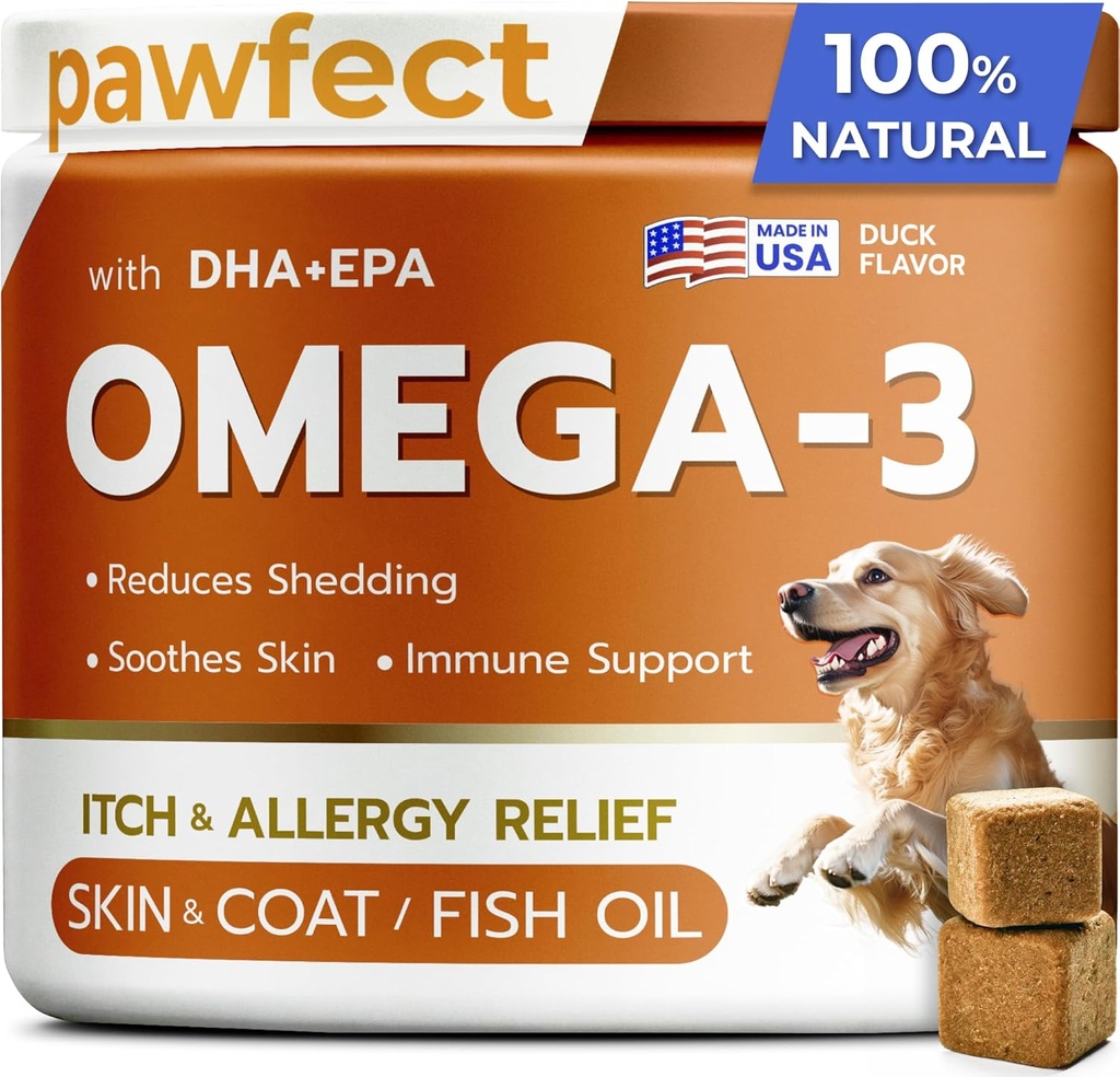 PAWFECTCHEW Fish Oil Omega 3 for Dogs - Allergy Relief - Joint Health - Itch Relief, Shedding - Skin and Coat Supplement - Alaskan Salmon Oil Chews - Omega 3 6 9 - EPA & DHA Fatty Acids