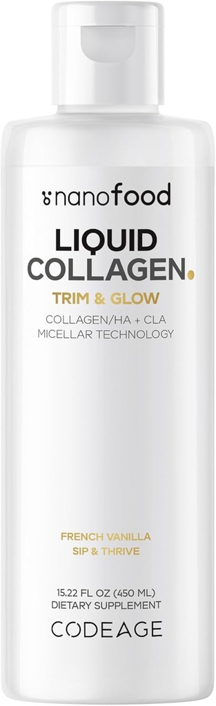 Codeage Liquid Collagen Supplement Vanilla Flavor, Beauty Trim & Glow Liposomal Collagen Peptides, CLA Conjugated Linoleic Acid, Hyaluronic Acid, Vitamin E, Hydrolyzed, Non-GMO, 15.22 fl oz