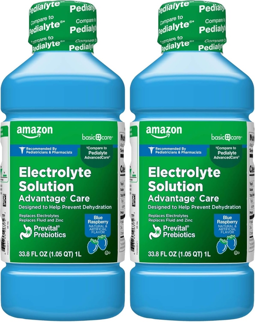 Amazon Basic Care Electrolyte Solution Advantage Care with PreVital Prebiotics, Blue Raspberry, Designed to Help Prevent Dehydration, Replaces Electrolytes, Fluid and Zinc, 33.8 fl oz (Pack of 2)