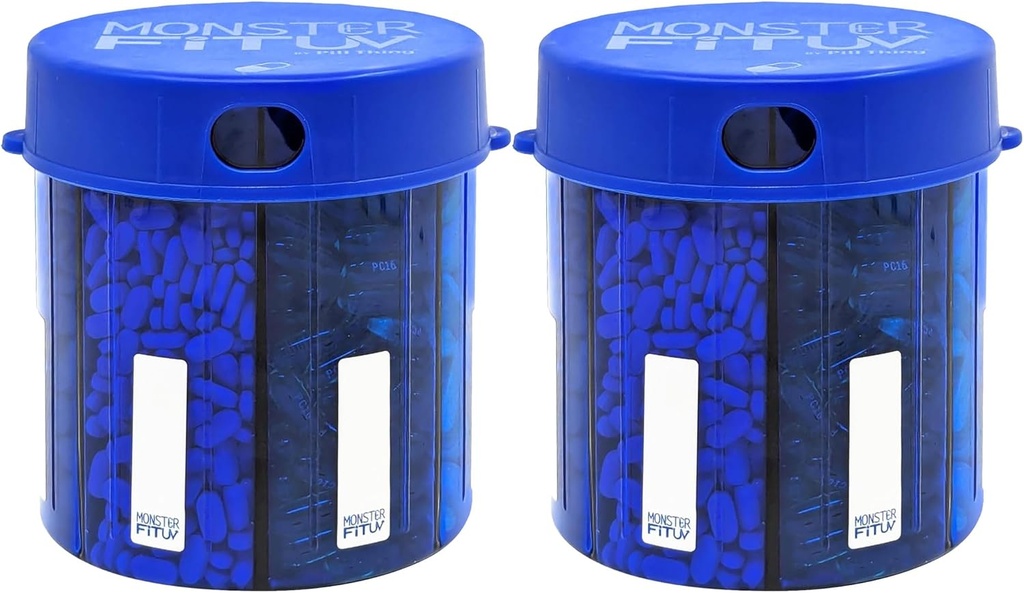 Monster Supplement Medication Pill Dispenser with Compartment Labels - Extra Large Pill Container Bottle Handles Almost Any Supplement - Easy to Dispense (Monster Blue UV -2 Pack)