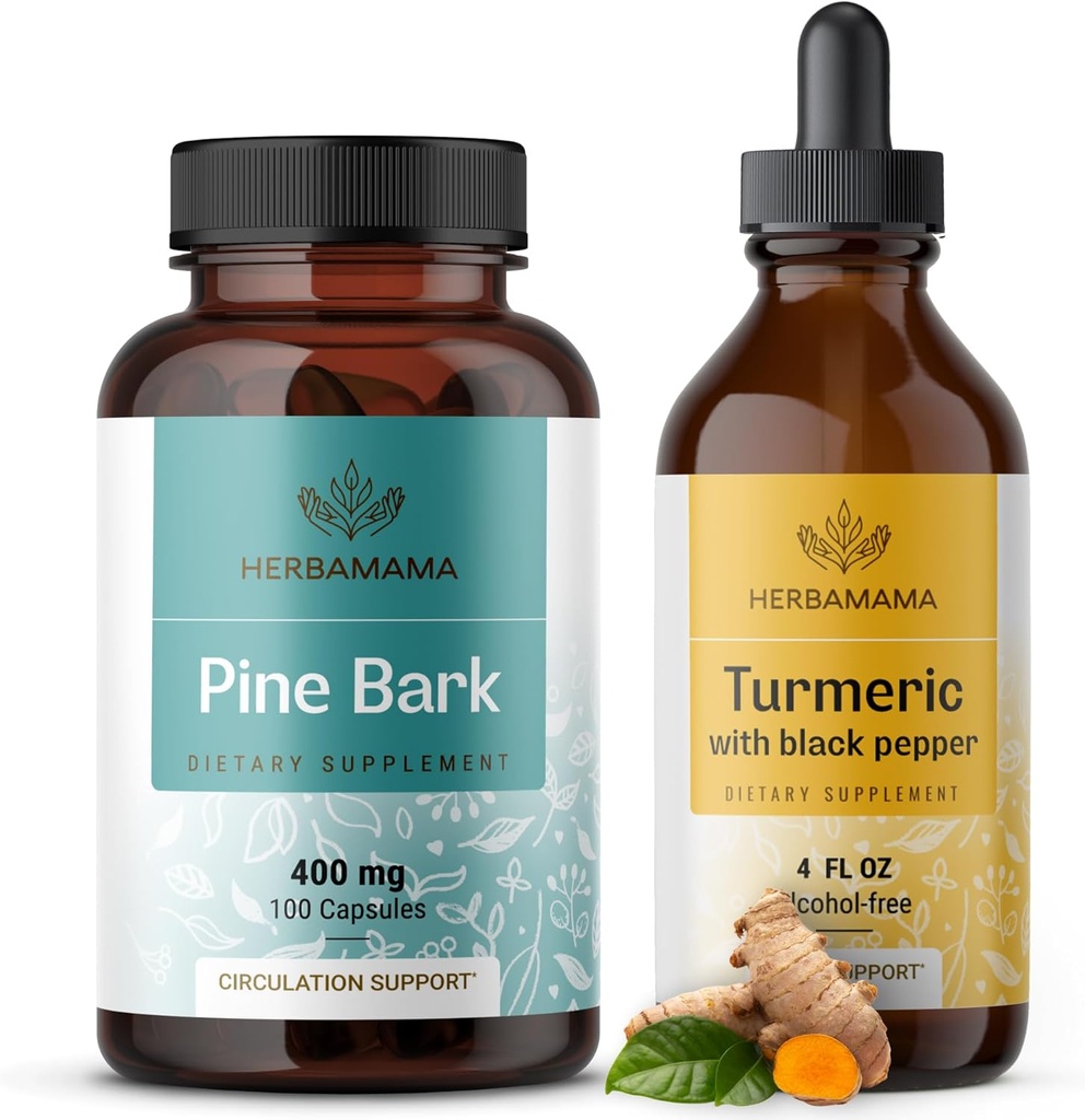 HERBAMAMA Turmeric Extract and Pine Bark Kit - Bundle of 400 mg French Maritime Capsules & Turmeric Extract Tincture 2 fl oz - Vegan, Non-GMO, Sugar & Alcohol-Free - 2 Pack