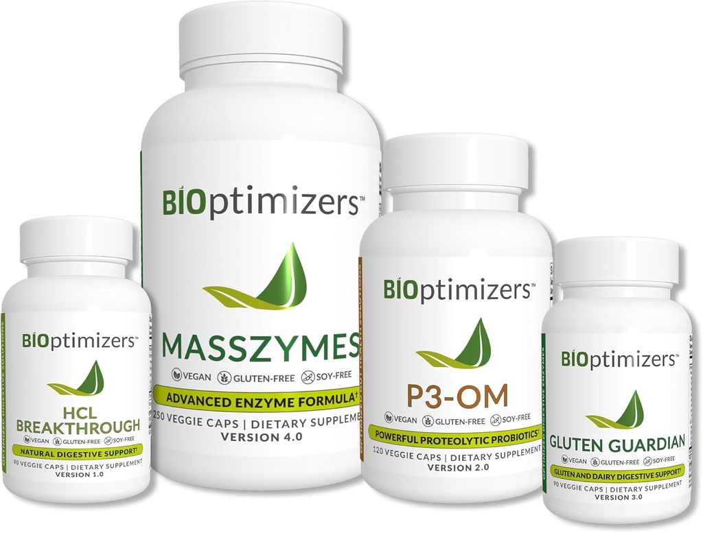 BiOptimizers - Essential Digestive Enzymes Bundle - P3-OM - Gluten Guardian - MassZymes - HCL Breakthrough - Doctor-Formulated (550 Capsules)