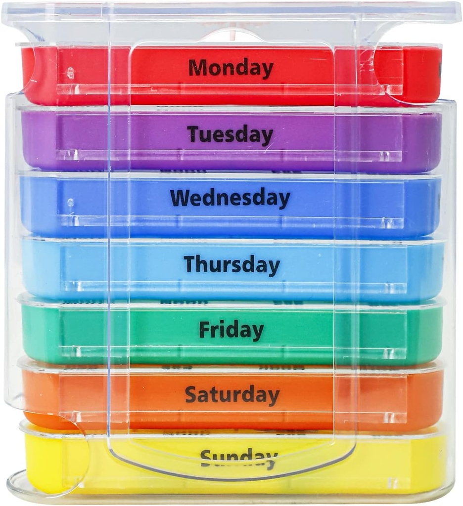 Weekly Pill Organizer for 1 Day 4 Times Supply,KIGI 7 Days Stackable Pill Dispenser Vitamins Containers (Rainbow)
