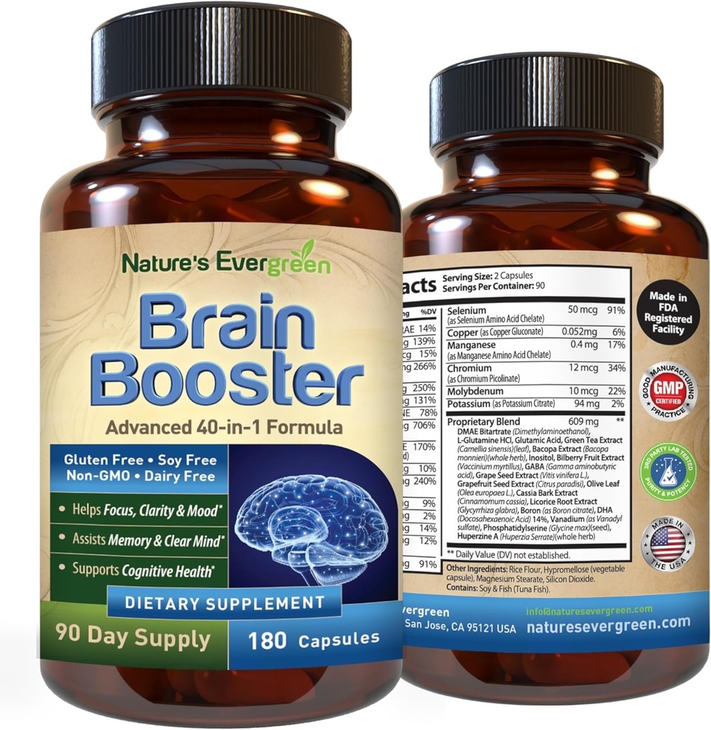 Brain Booster 40-in-1 Formula Supplement for Focus, Memory, Clarity, Energy | for Men & Women, Cognitive Function Nootropic Support with DMAE, Brain Health Formula | (180 Capsules - 90 Day Supply)