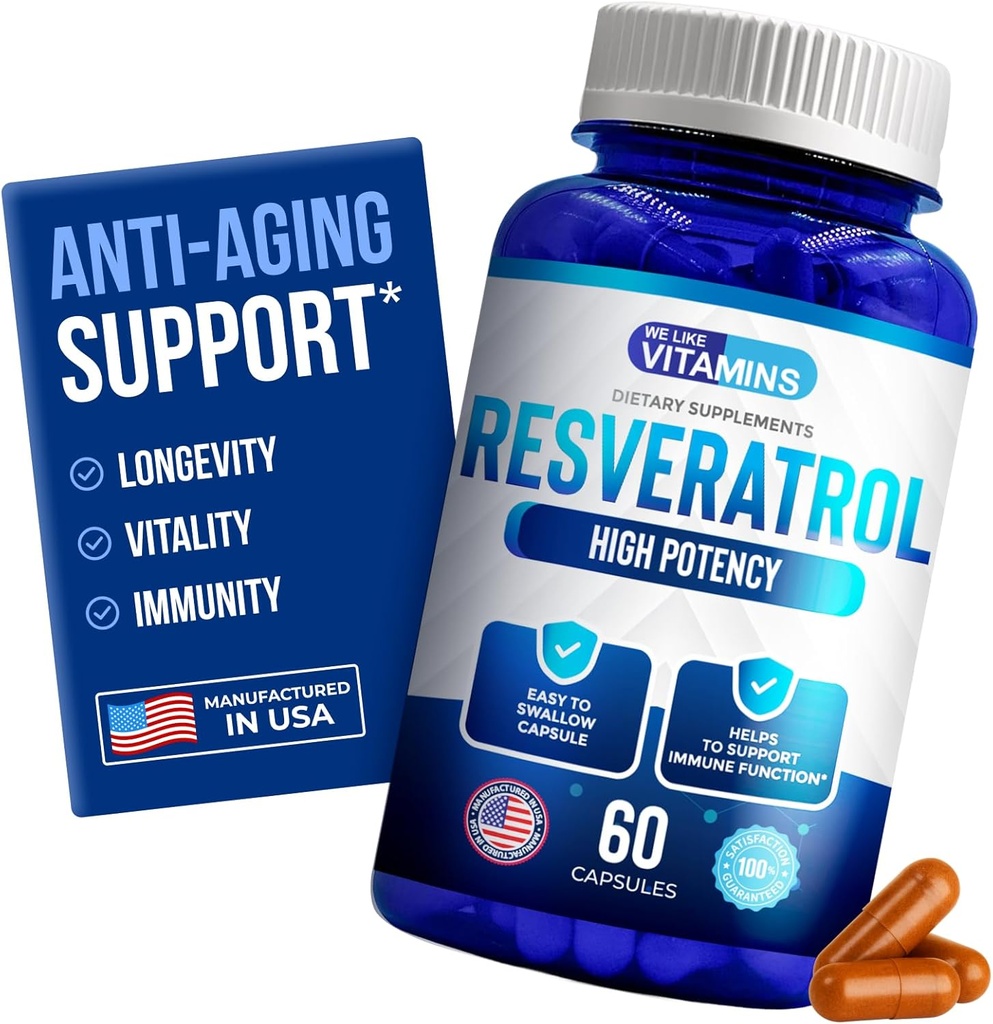 We Like Vitamins Resveratrol 1000mg per Serving - 60 Easy to Swallow Veggie Capsules - Natural Resveratrol Supplement 1000mg - Antioxidant Supplement Helps Support Immune System