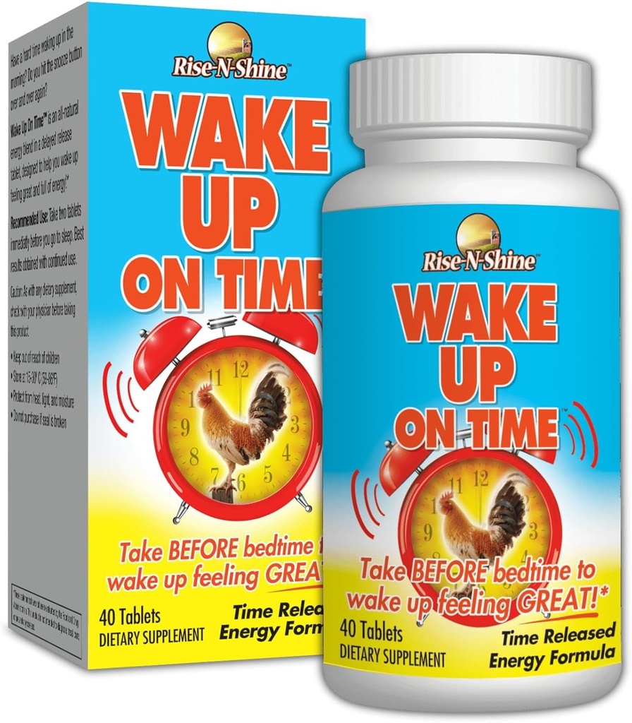 Rise-N-Shine Wake Up On Time Energy Supplement to Help Boost Your Mornings with Alertness & Focus for a Productive Day with Natural Caffeine & More - 40 Tablets