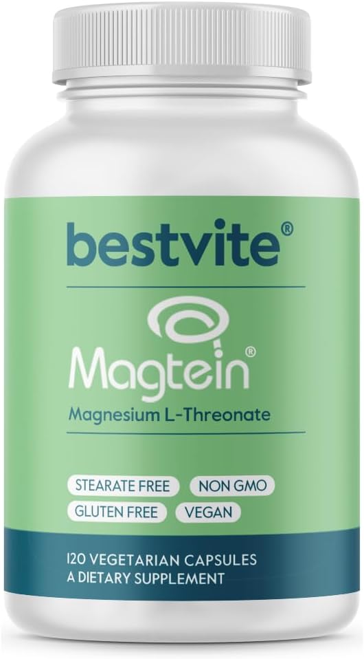 BESTVITE Magtein Magnesium L-Threonate Capsules - 2000mg per Serving (120 Vegetarian Capsules) - Patented and Bioavailable Magnesium - No Stearates - No Fillers - Vegan - Non GMO - Gluten Free