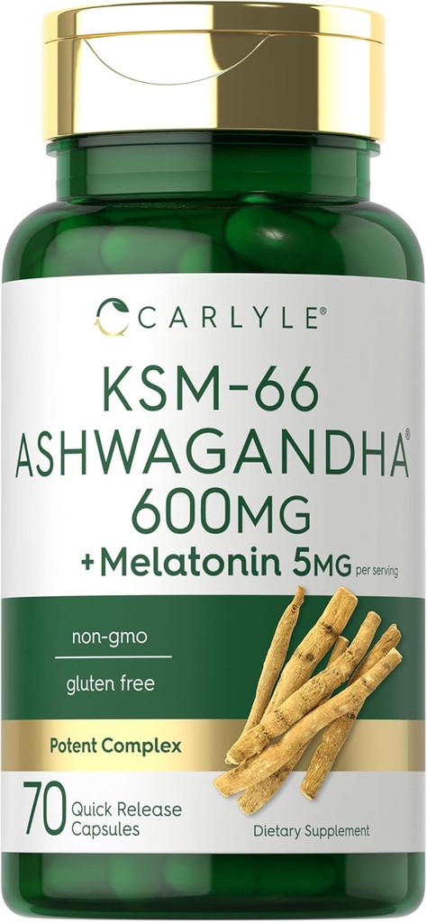 Carlyle KSM-66 Ashwagandha Capsules 600mg | 70 Count | with Melatonin 5mg | Potent Complex | Non-GMO, Gluten Free