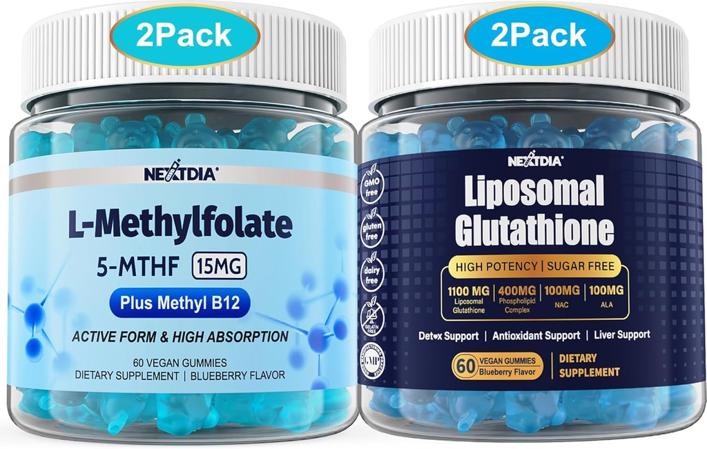 L-MethylFolate 15mg & Methyl B12 Gummies + 1100mg Liposomal Glutathione Gummies for Women