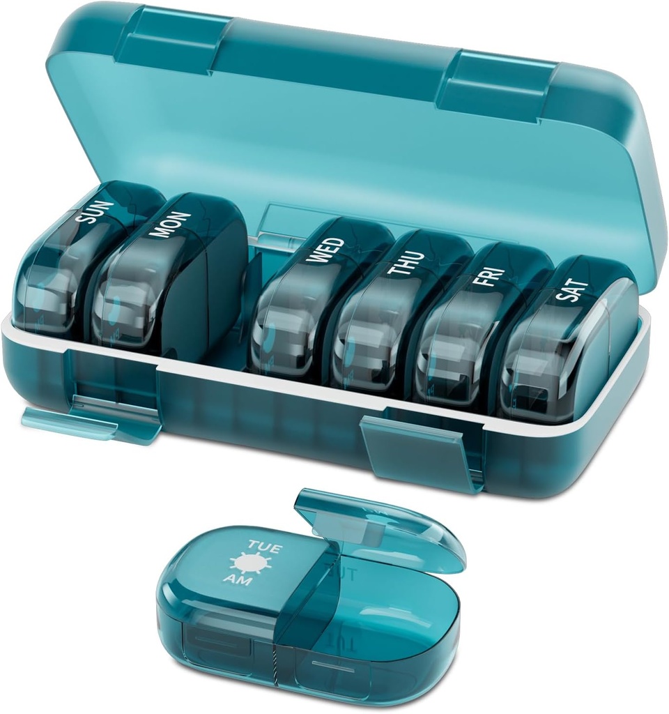 Pill Organizer 2 Times a Day, Large Weekly Pill Box 7 Day, Daily Am Pm Pill Case Dispenser with Removable Containers, Compact Medication Organizer for Vitamins, Supplements (Blue)