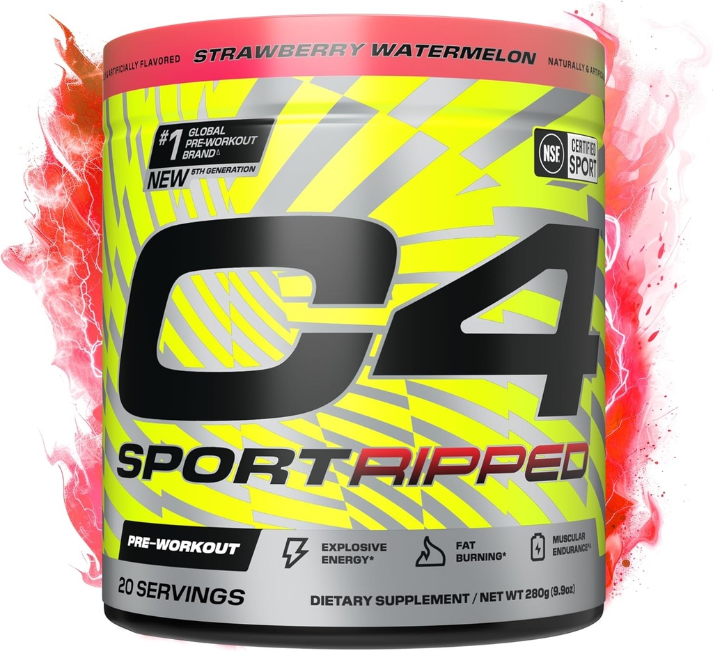 Cellucor C4 Ripped Sport Pre Workout Powder - NSF Certified for Sport - 200mg Caffeine + Cayenne Extract + Carnitine Tartrate + Beta-Alanine - Strawberry Watermelon, 20 Servings