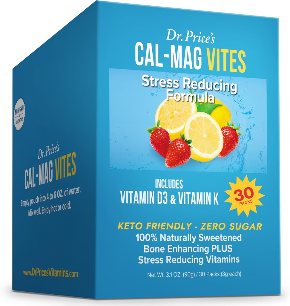 Dr. Price's Vitamins Cal-Mag Vites - Calcium Magnesium Powder for Men and Women | 30 Packets | Vitamin K, D, Mineral Supplement | Natural Calming Stress Relief Drink | No Sugar - Strawberry-Lemon