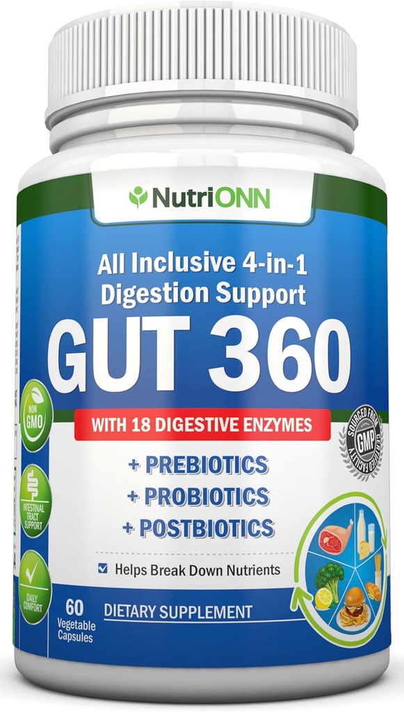 4-in-1 Probiotics, Prebiotics & Postbiotics with 18 Digestive Enzymes for Women & Men - Complete Gut & Digestive Support Supplement - Bloating Relief and Enzymes for Digestion - Non GMO - Vegan