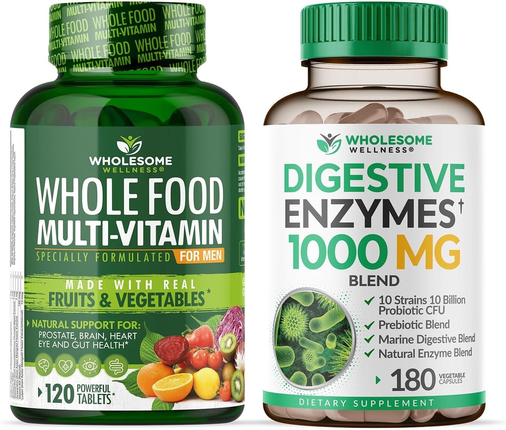 Wholesome Wellness Whole Food Multivitamin for Men - Natural Multi Vitamins, Minerals, Organic Extracts Digestive Enzymes 1000MG Plus Prebiotics & Probiotics Bundle