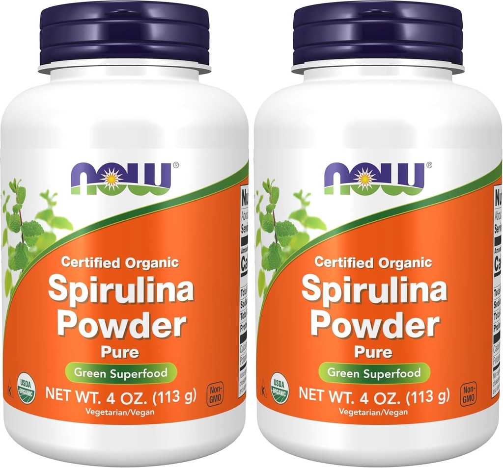 NOW Supplements, Certified Organic, Spirulina Powder, Rich in Beta-Carotene (Vitamin A) and B-12 with Naturally Occurring GLA & Chlorophyll, 4-Ounce (Pack of 2)